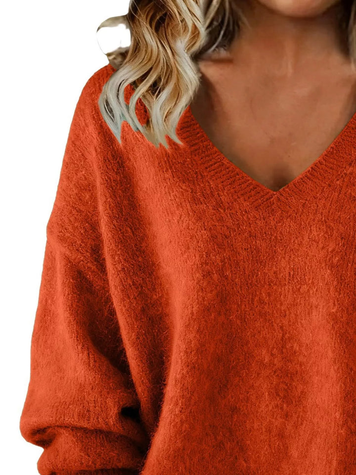 Dropped-shoulder V-neck brushed knit sweater