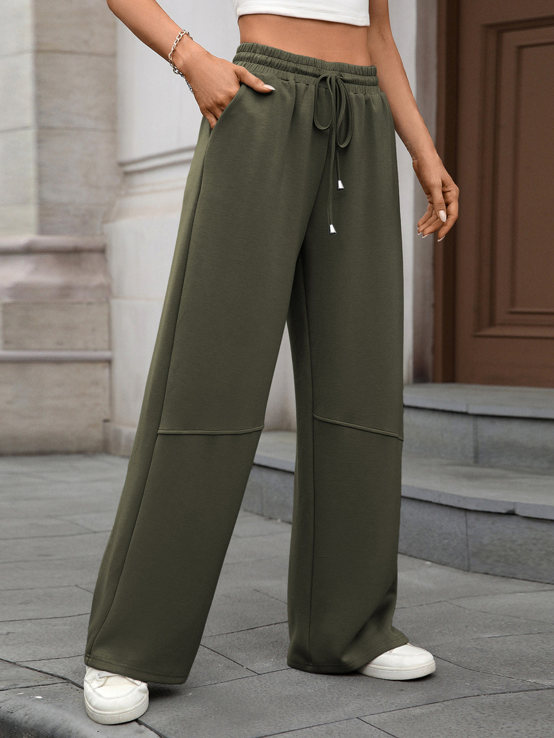 Drawstring high-rise wide leg pants with side pockets