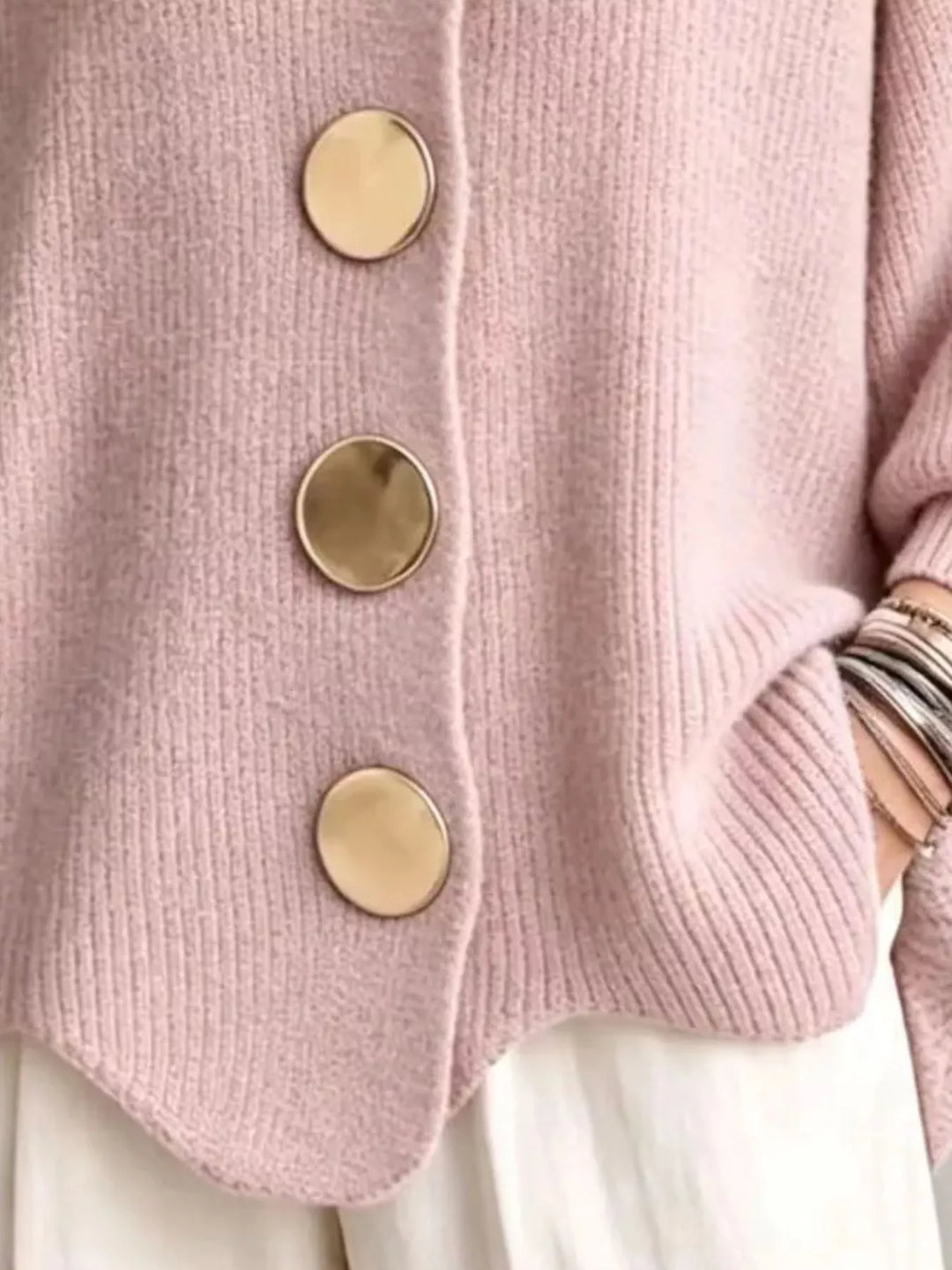 Oversized gold button ribbed knit collared cardigan