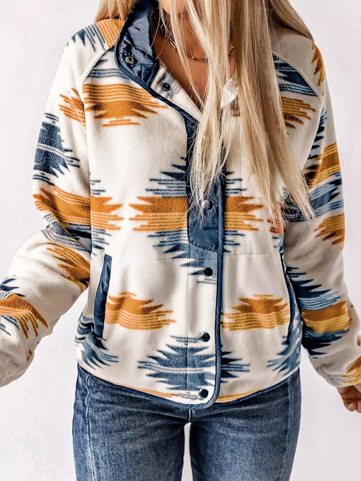 Navy Blue Aztec print fleece snap-front jacket with zip chest pocket