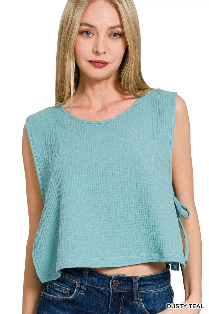 DUSTY TEAL Double gauze sleeveless crop top with side tie