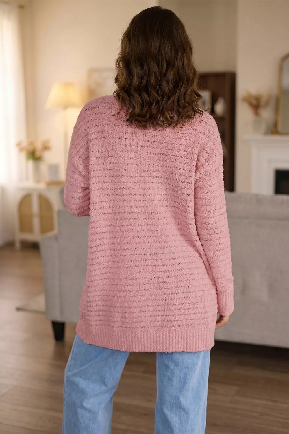 Open front fuzzy ribbed knit cardigan with patch pockets