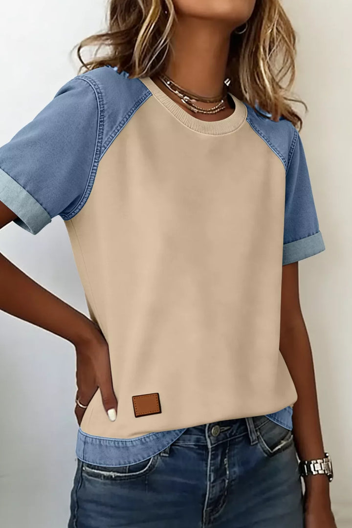 Color block denim raglan sleeve crew neck tee