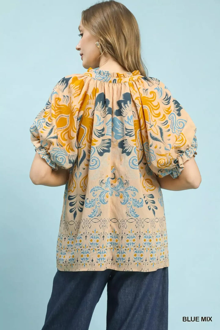 Border print puff sleeve v-neck blouse with embroidered placket