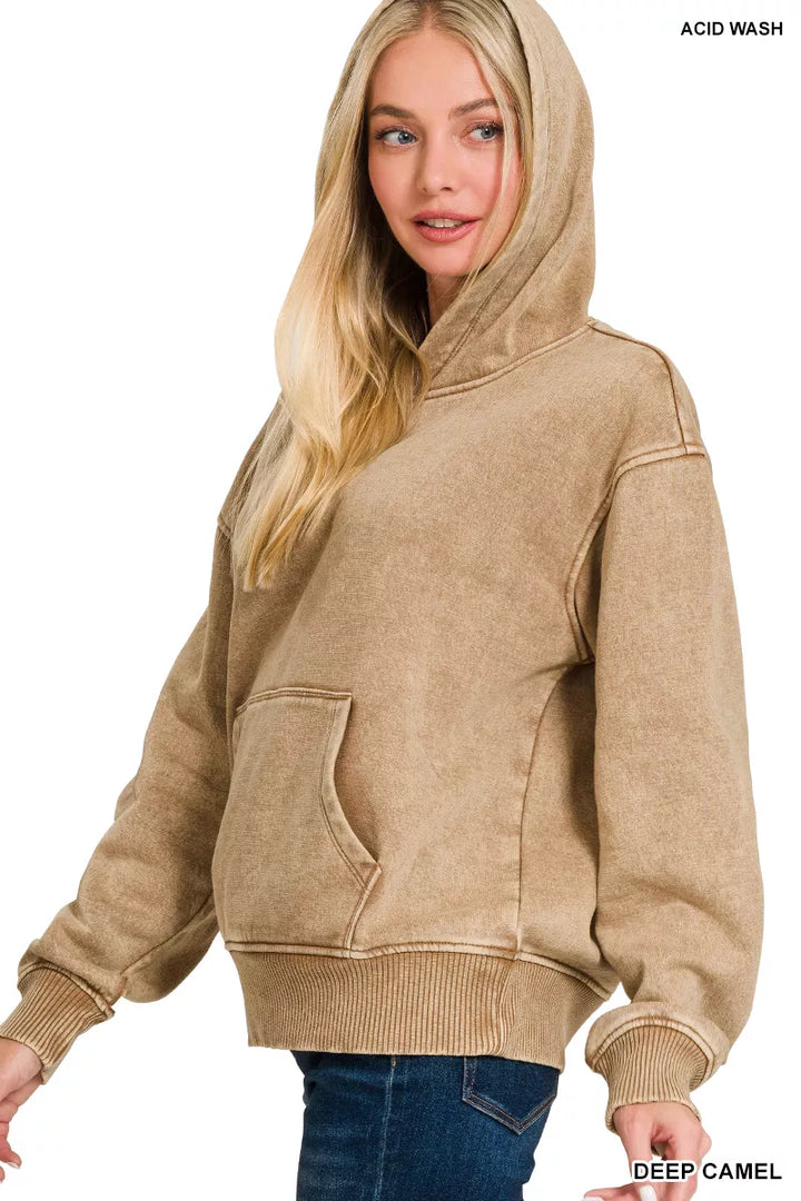 Acid wash fleece pullover hoodie with kangaroo pocket
