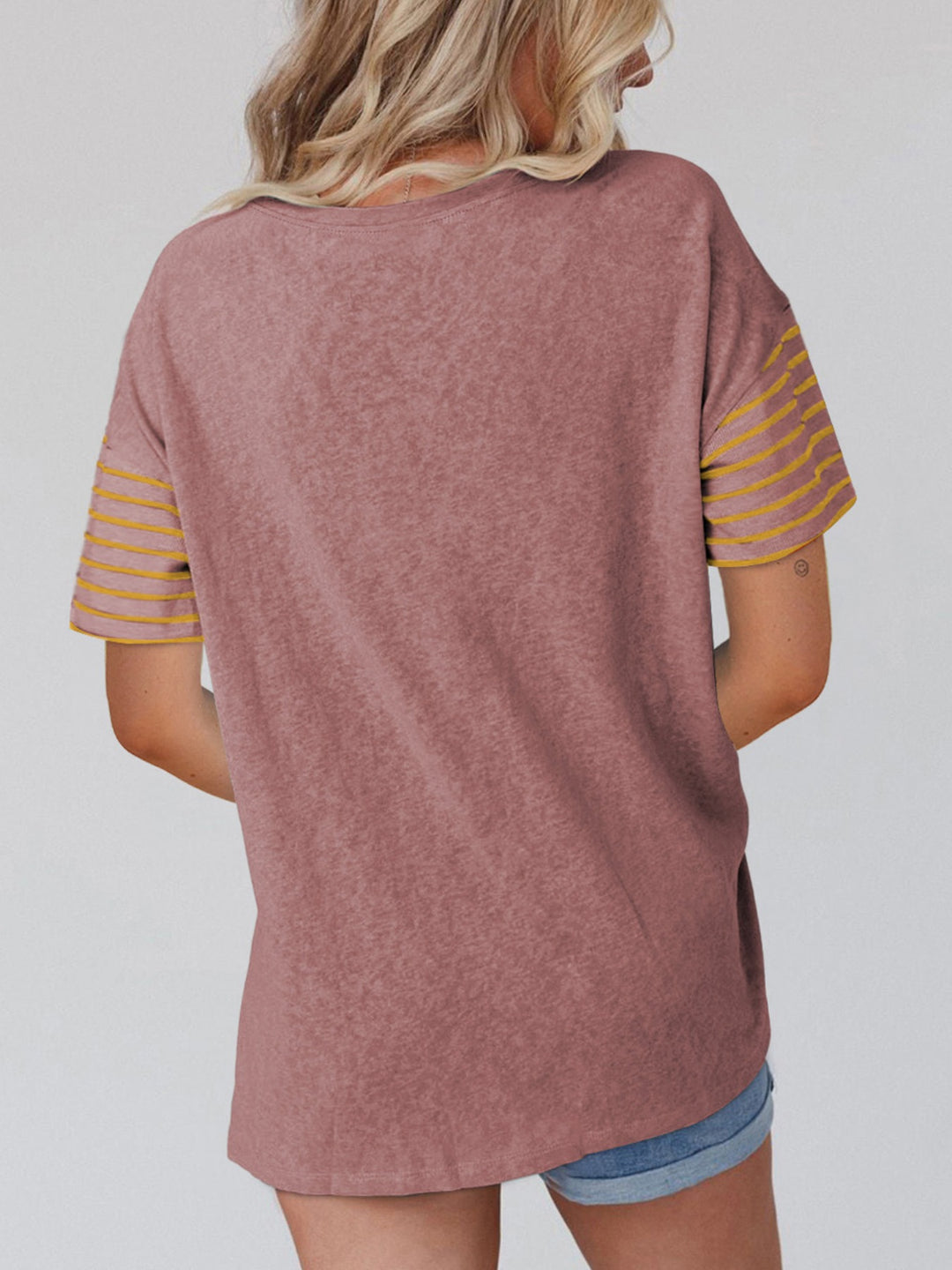 Color block crew neck tee with striped short sleeves