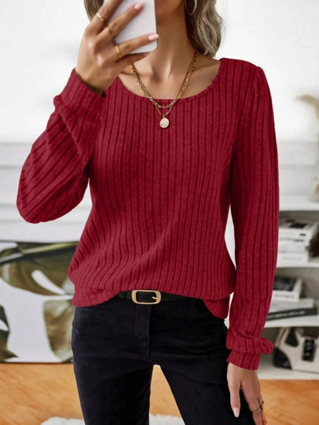 Ribbed knit scoop neck long sleeve top