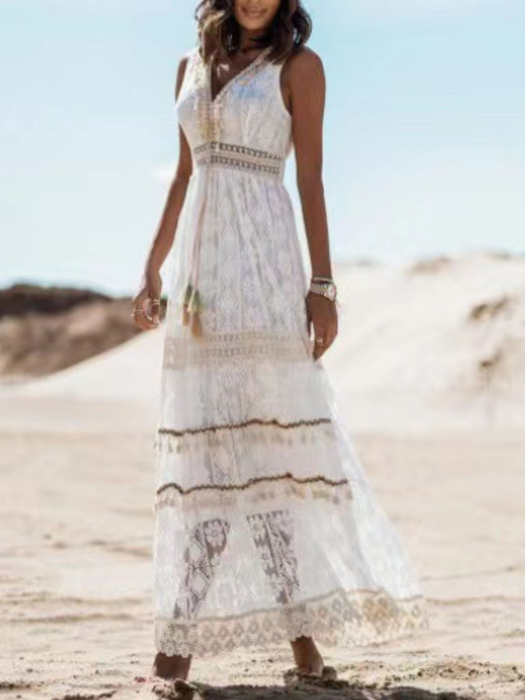 White Crochet lace sleeveless V-neck maxi dress with tassel trim