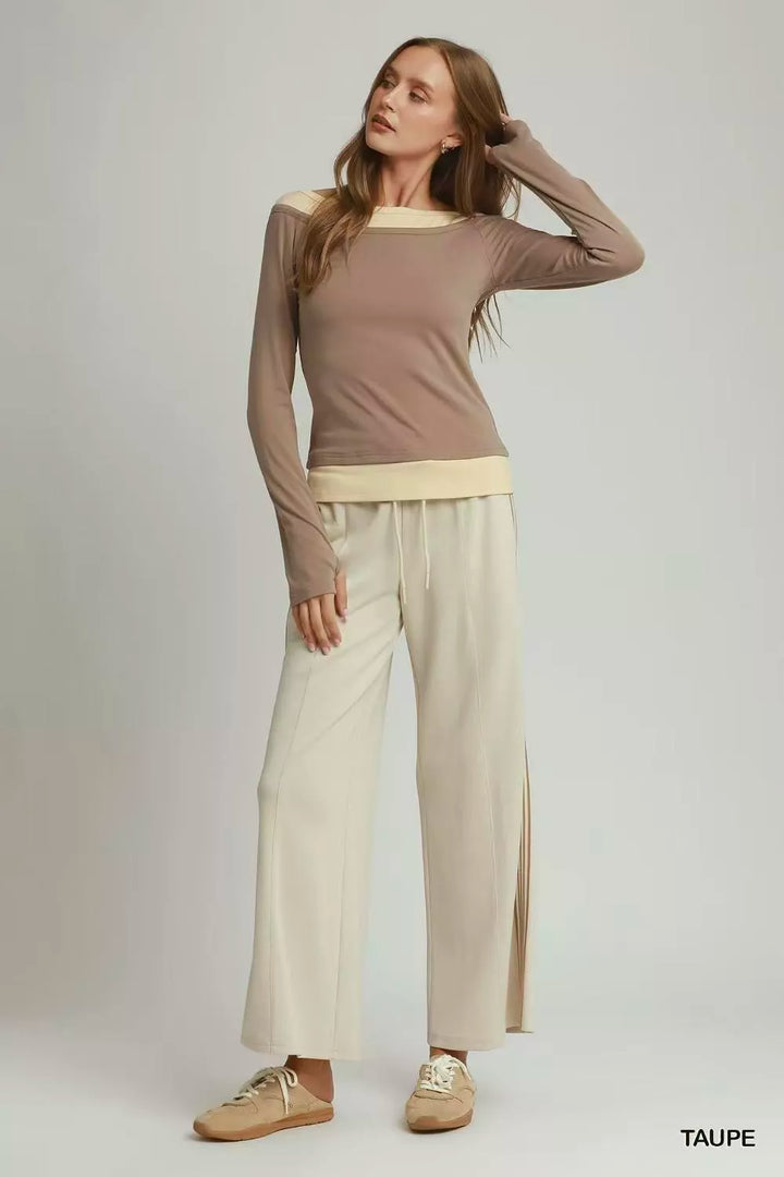 Layered twofer color-block top with thumbhole sleeves