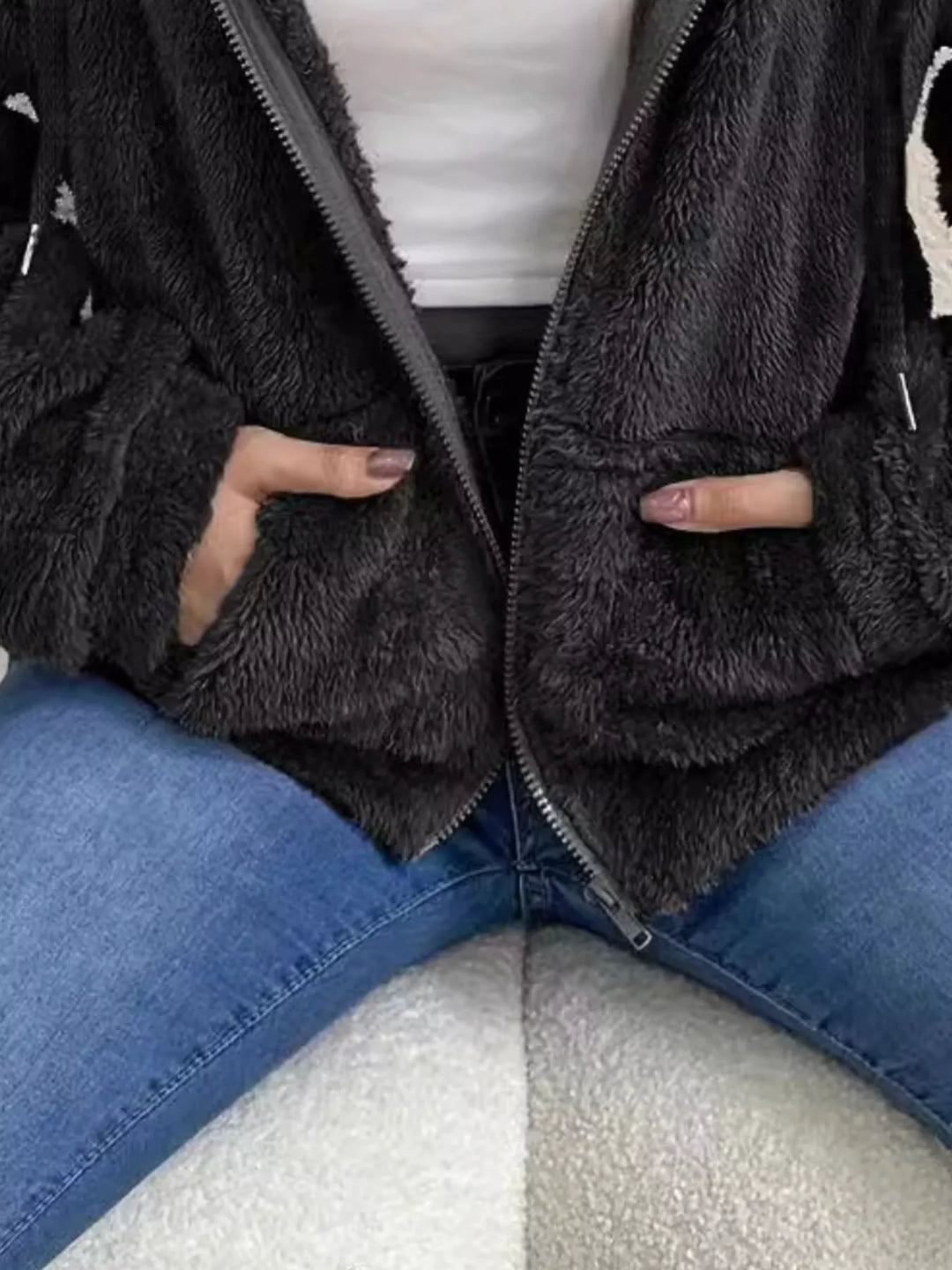 Fuzzy fleece hooded zip-up jacket with front pockets