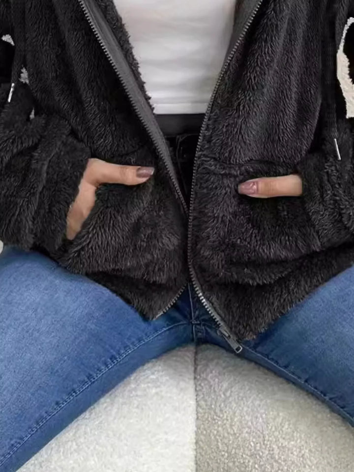 Fuzzy fleece hooded zip-up jacket with front pockets