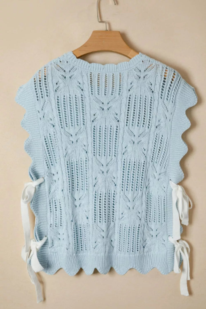 Cable-knit openwork sleeveless top with side ties