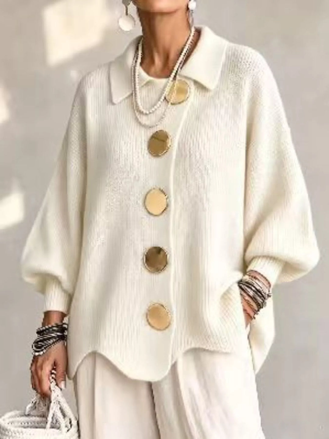 Beige Oversized gold button ribbed knit collared cardigan