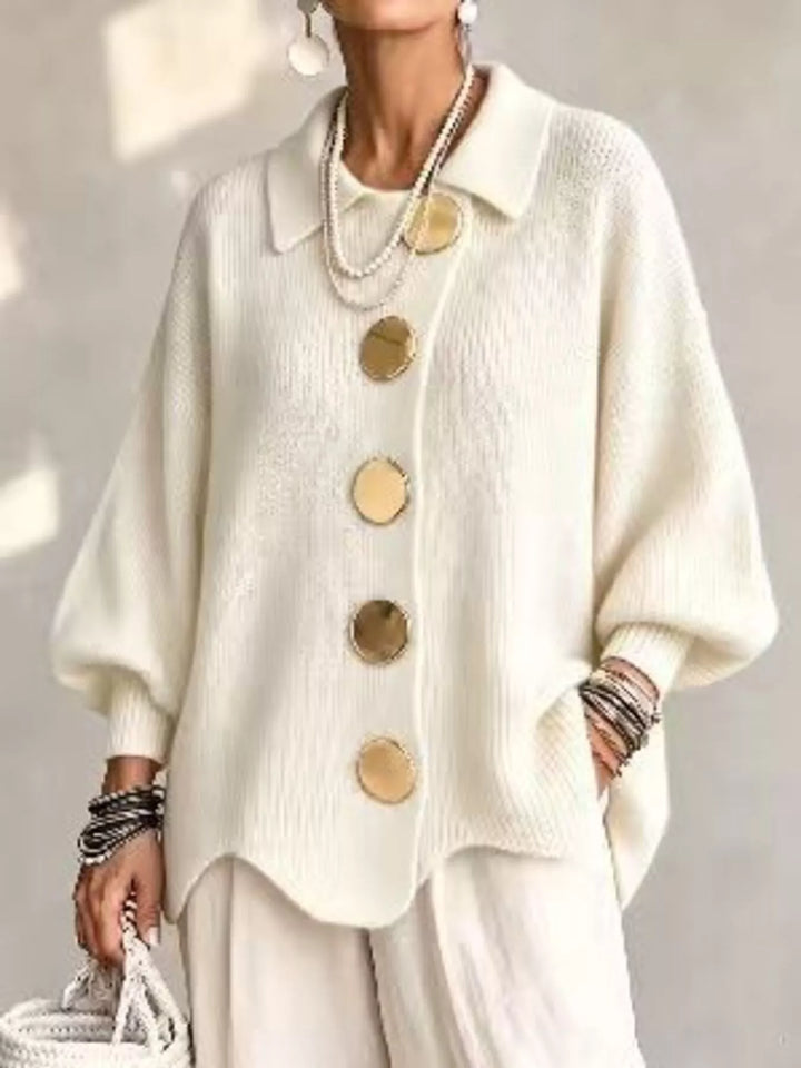 Beige Oversized gold button ribbed knit collared cardigan