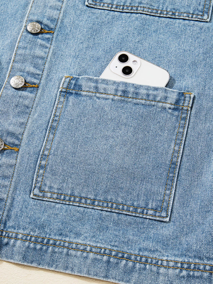 Oversized denim jacket with patch pockets and side ties