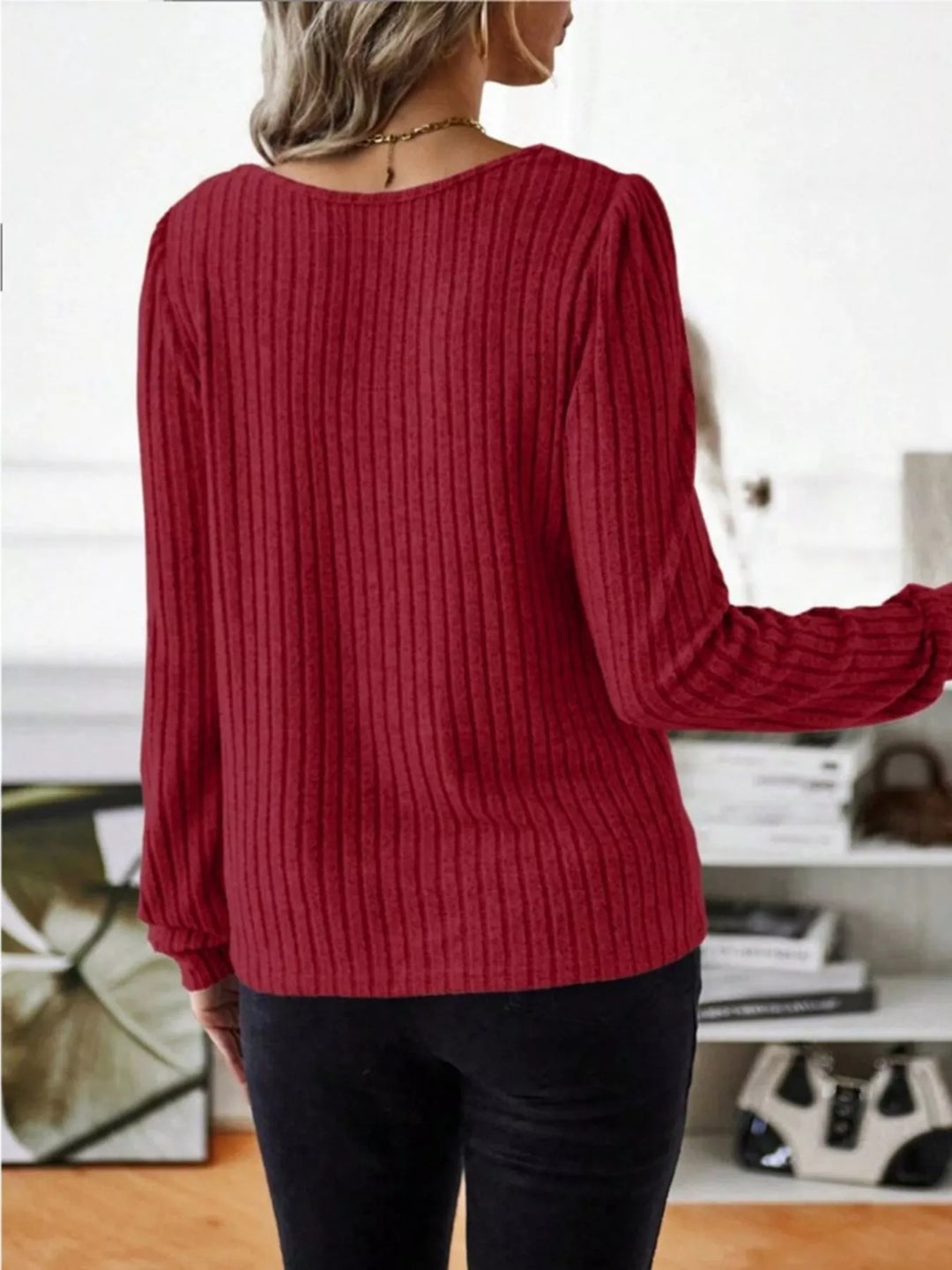 Ribbed knit scoop neck long sleeve top