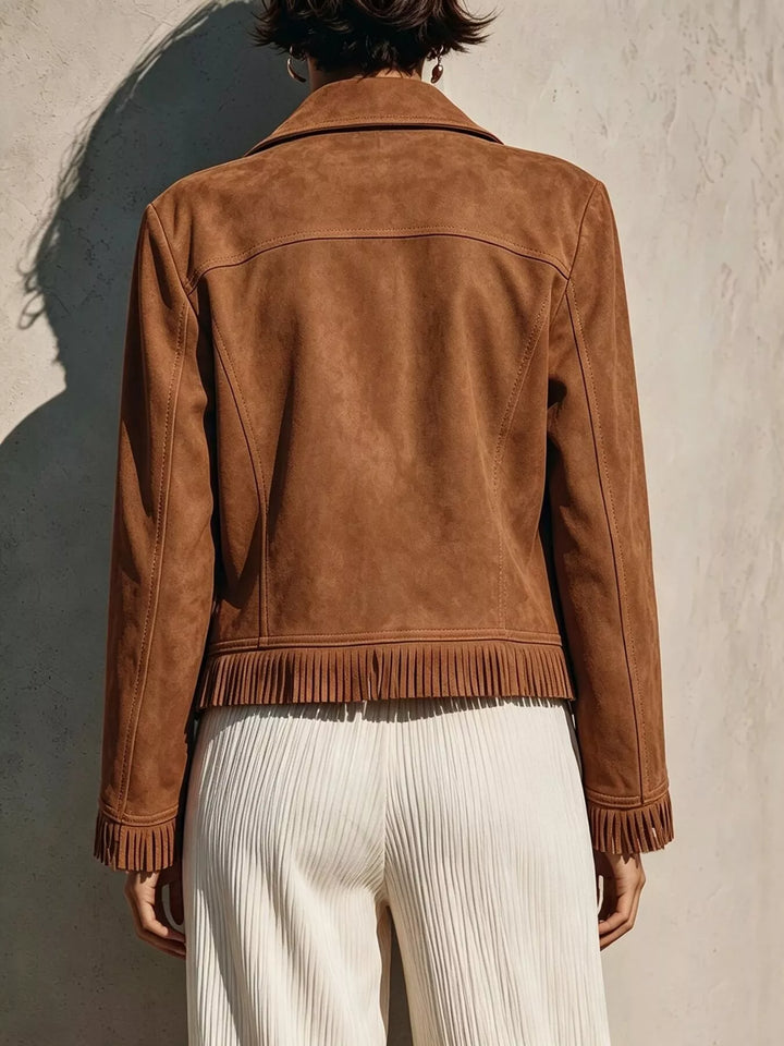 Fringe hem faux leather moto jacket with asymmetrical zip