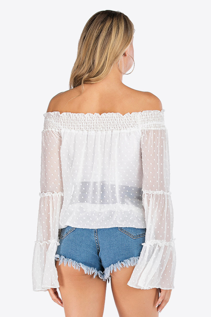 Swiss dot off-shoulder blouse with flare sleeves