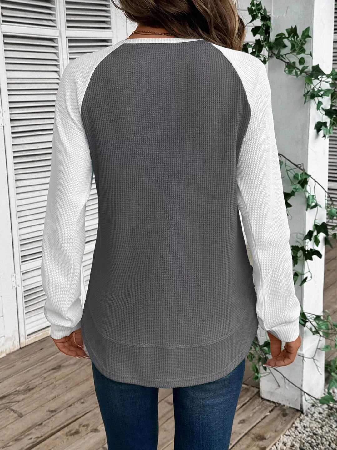 Contrast raglan waffle knit long sleeve top