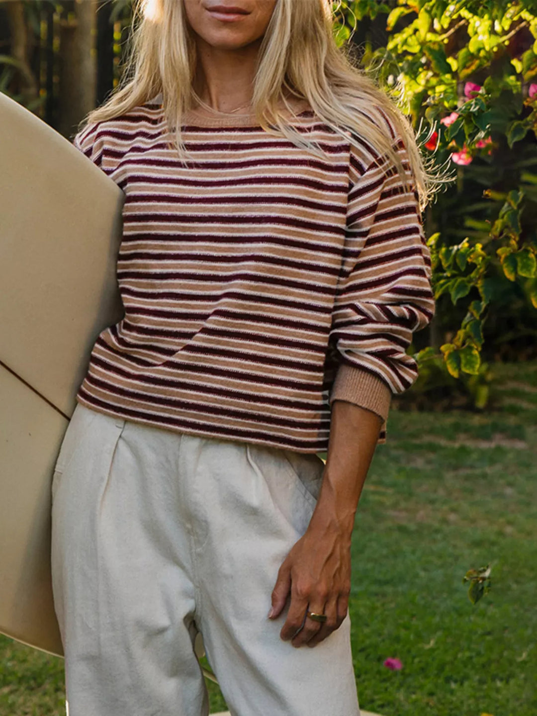 Striped ribbed knit crew neck sweater with drop shoulders