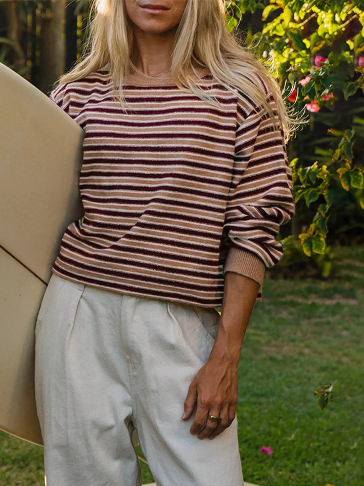 Striped ribbed knit crew neck sweater with drop shoulders