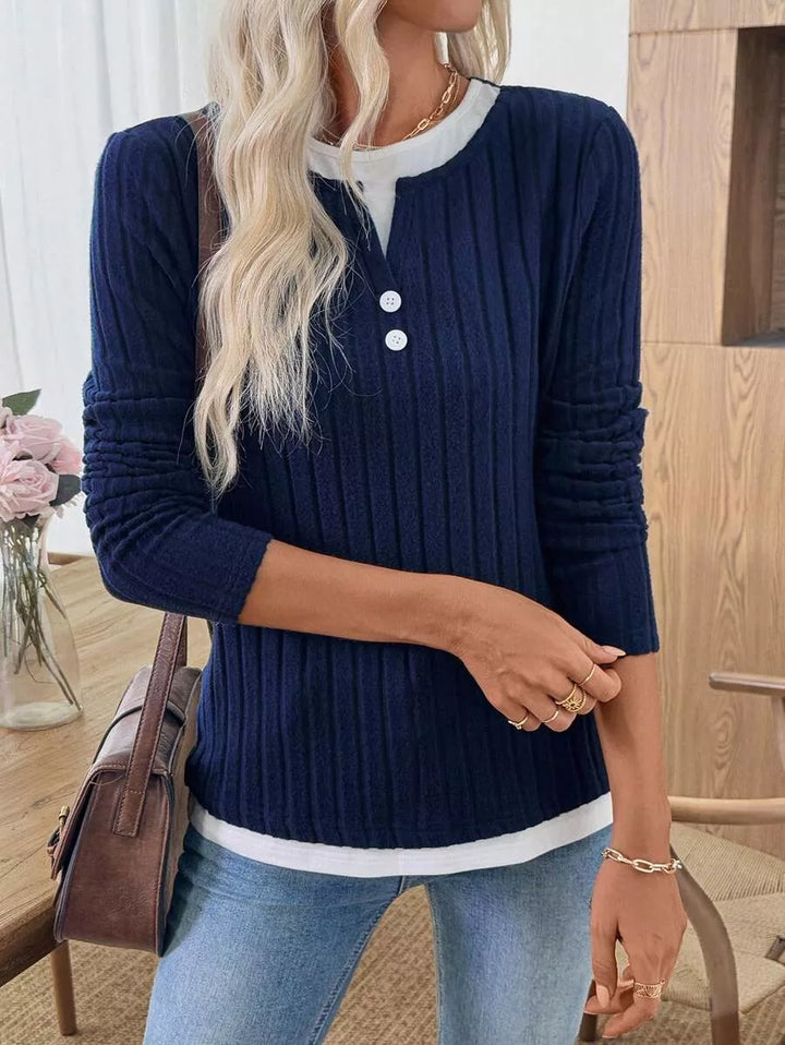 Ribbed knit long sleeve henley with contrast trim