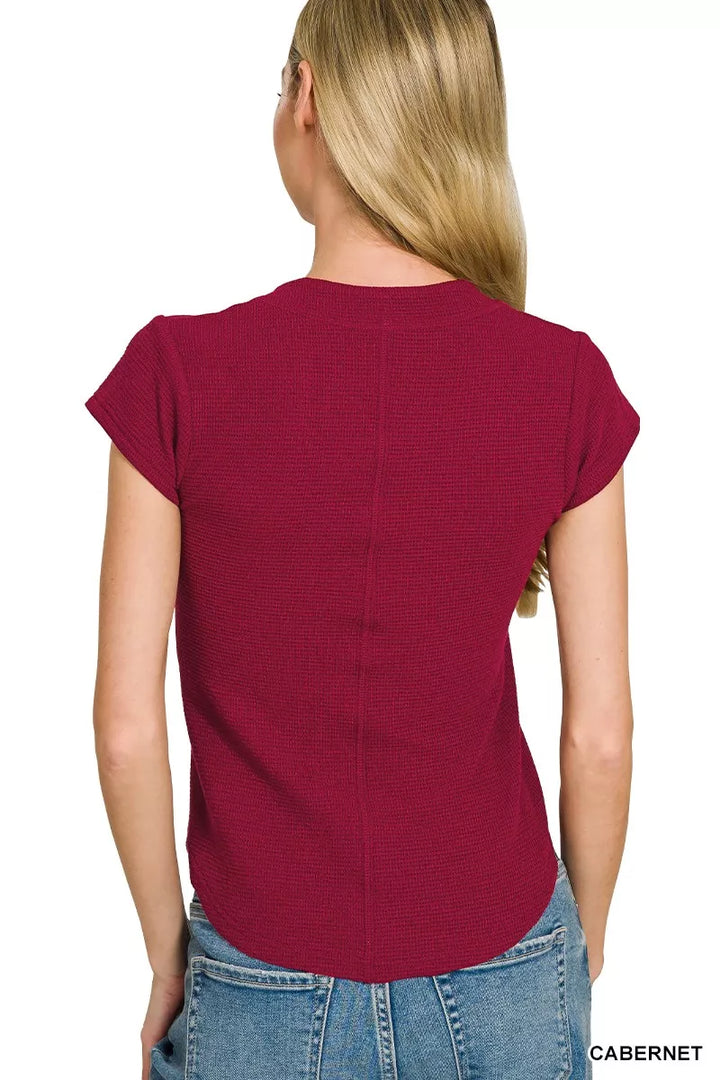 Ribbed double knit snap button short sleeve top