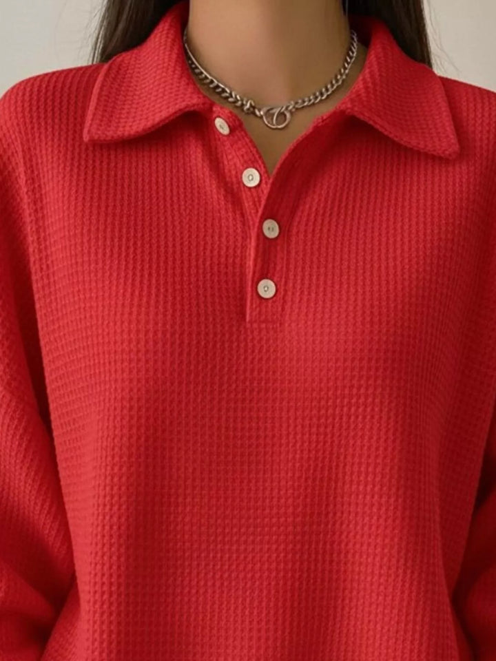 Waffle knit collared pullover with button placket