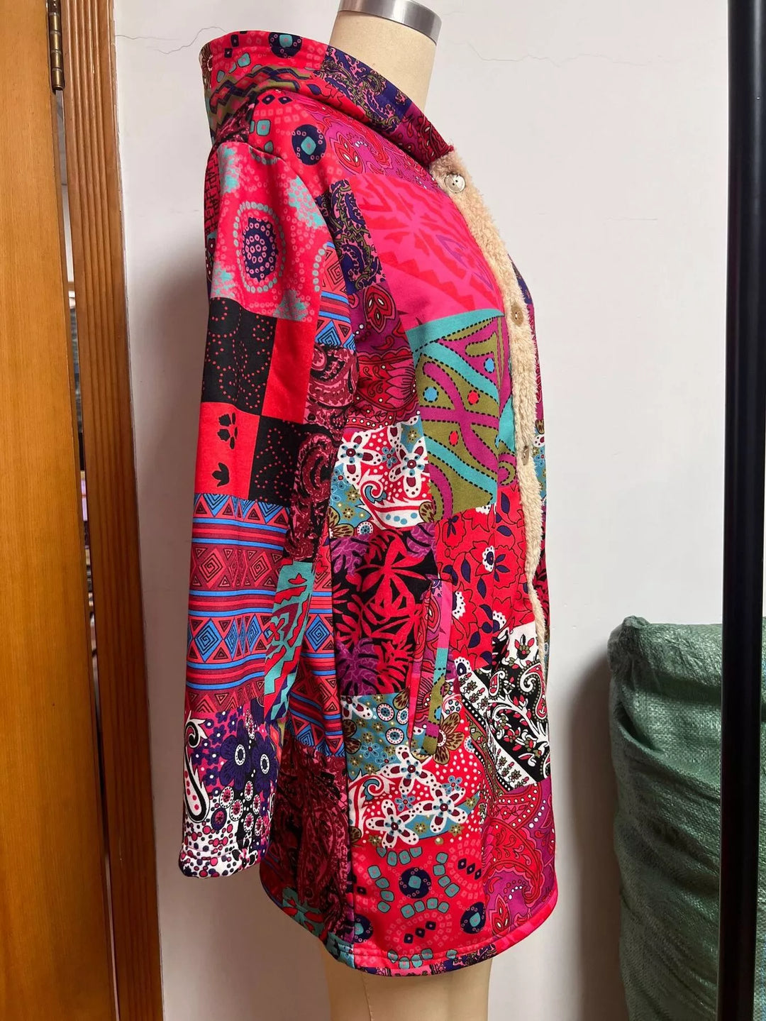 Bohemian patchwork fleece-lined hooded coat