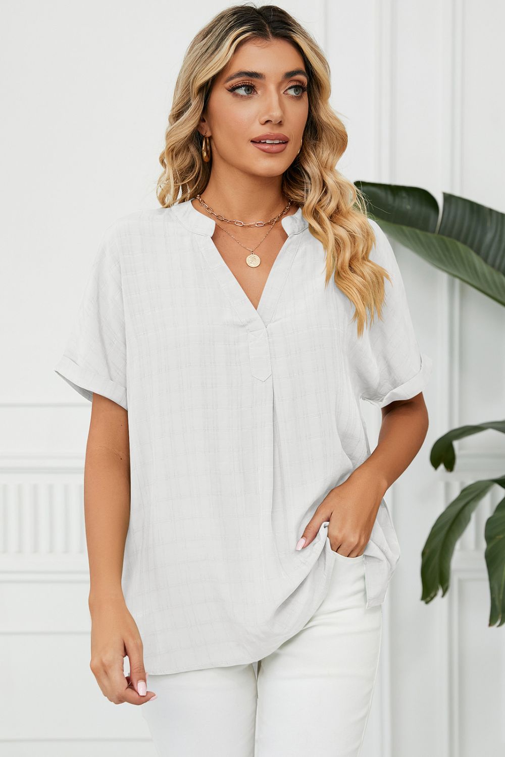 White Notched neck cuffed short sleeve blouse with side slits