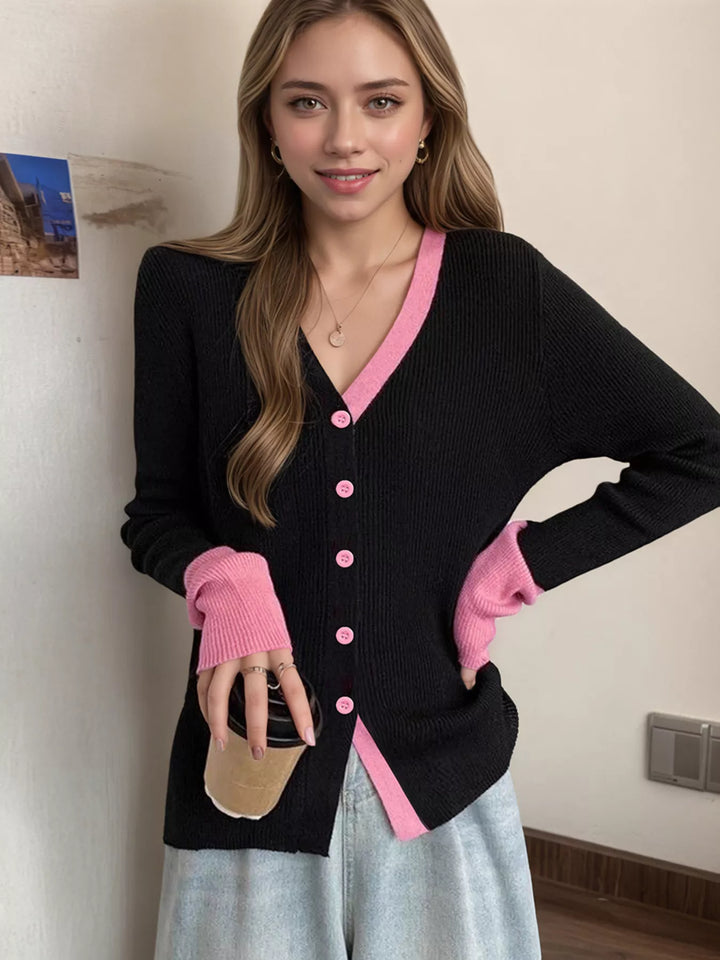 Contrast-trim ribbed knit V-neck button cardigan