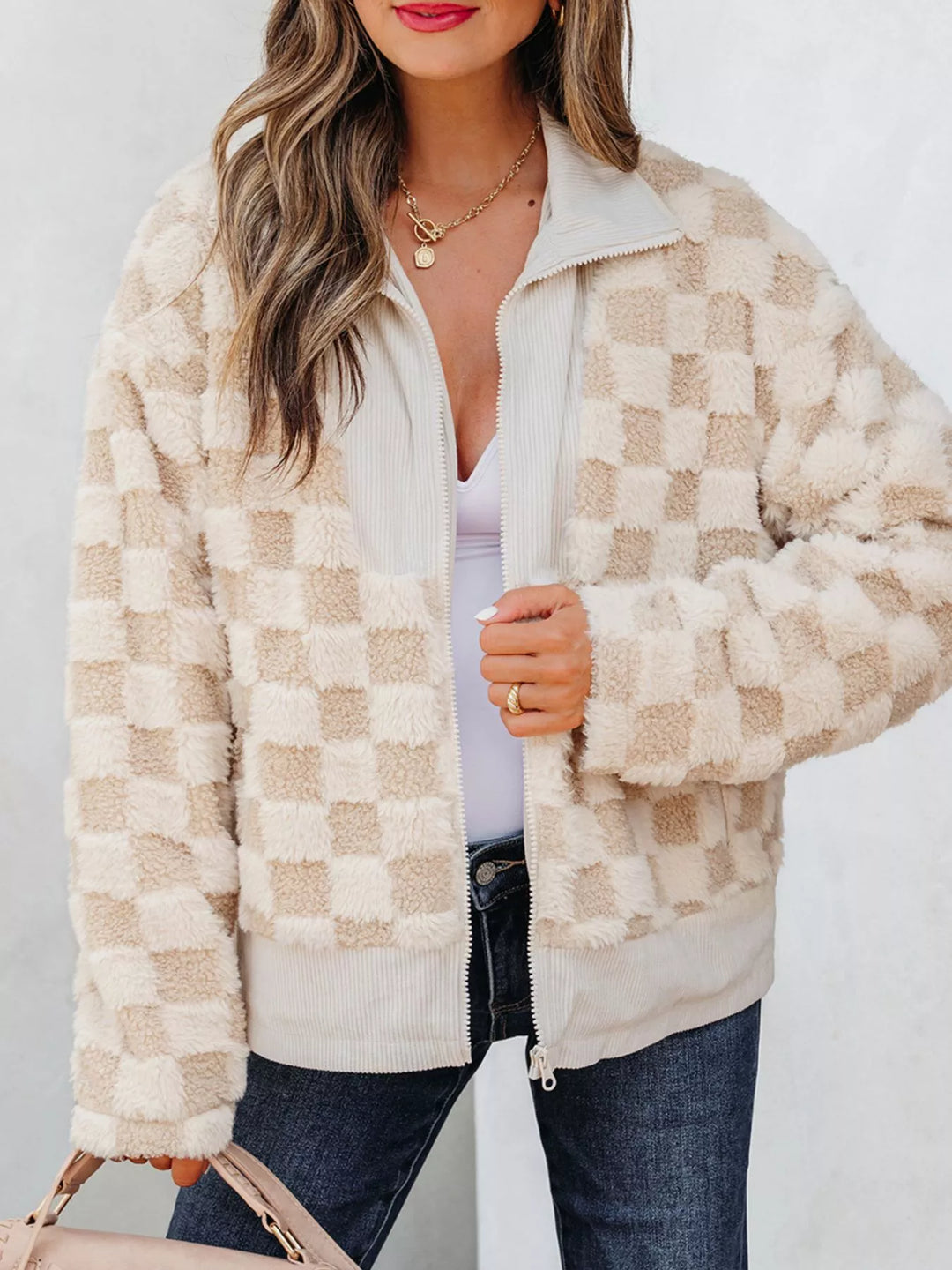 Checkered sherpa zip-up jacket with corduroy collar and trim