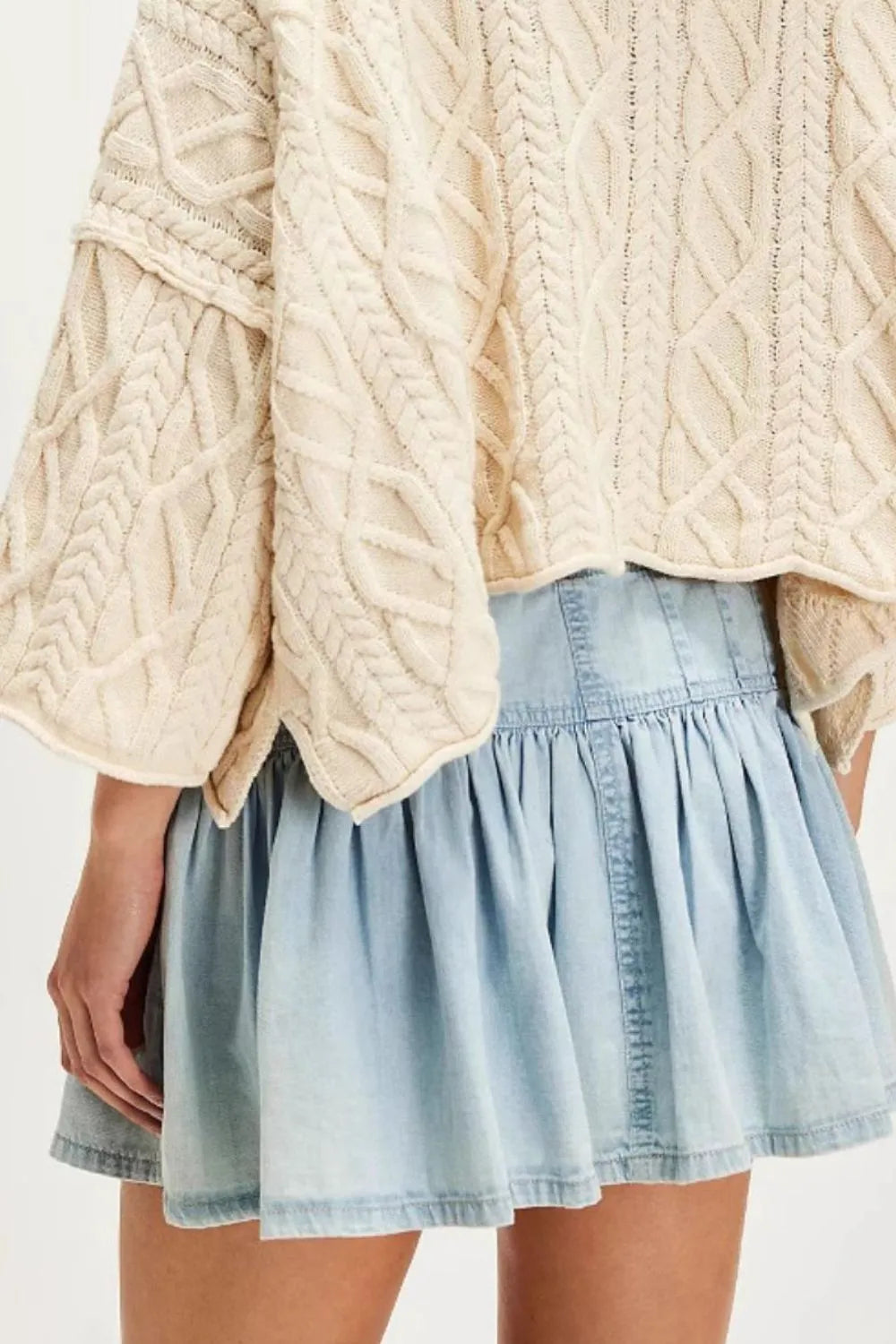 Button-front ruffled mini denim skirt with drawstring waist