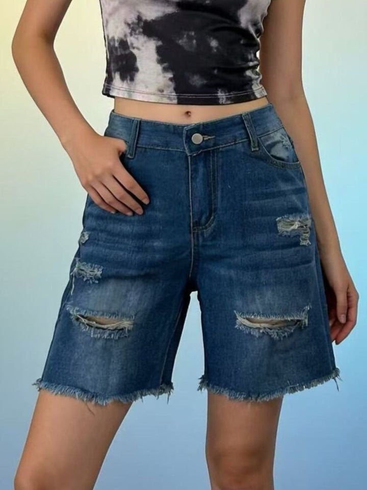 Dark Blue Distressed mid-thigh denim shorts with raw frayed hem