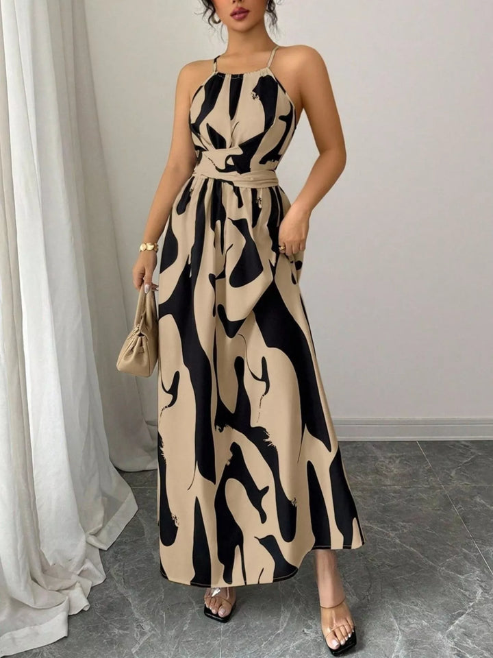 Khaki Abstract brushstroke print halter maxi dress with tie waist