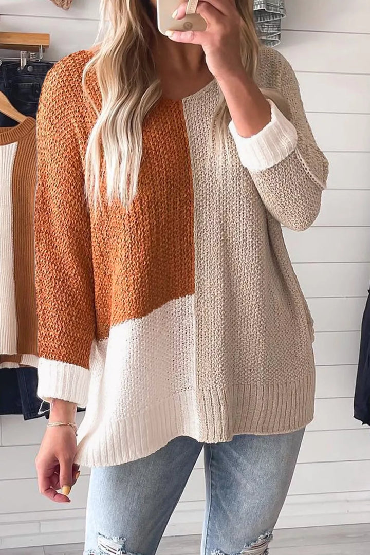 Ochre Color block ribbed knit v-neck loose sweater