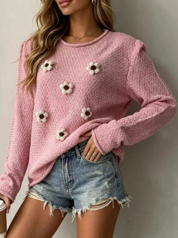 Floral applique textured knit sweater with drop shoulders