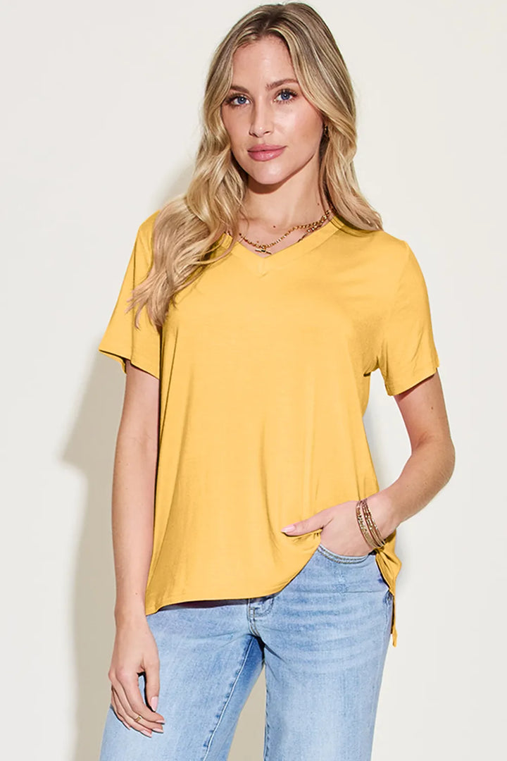 V-neck high-low bamboo tee with side slits