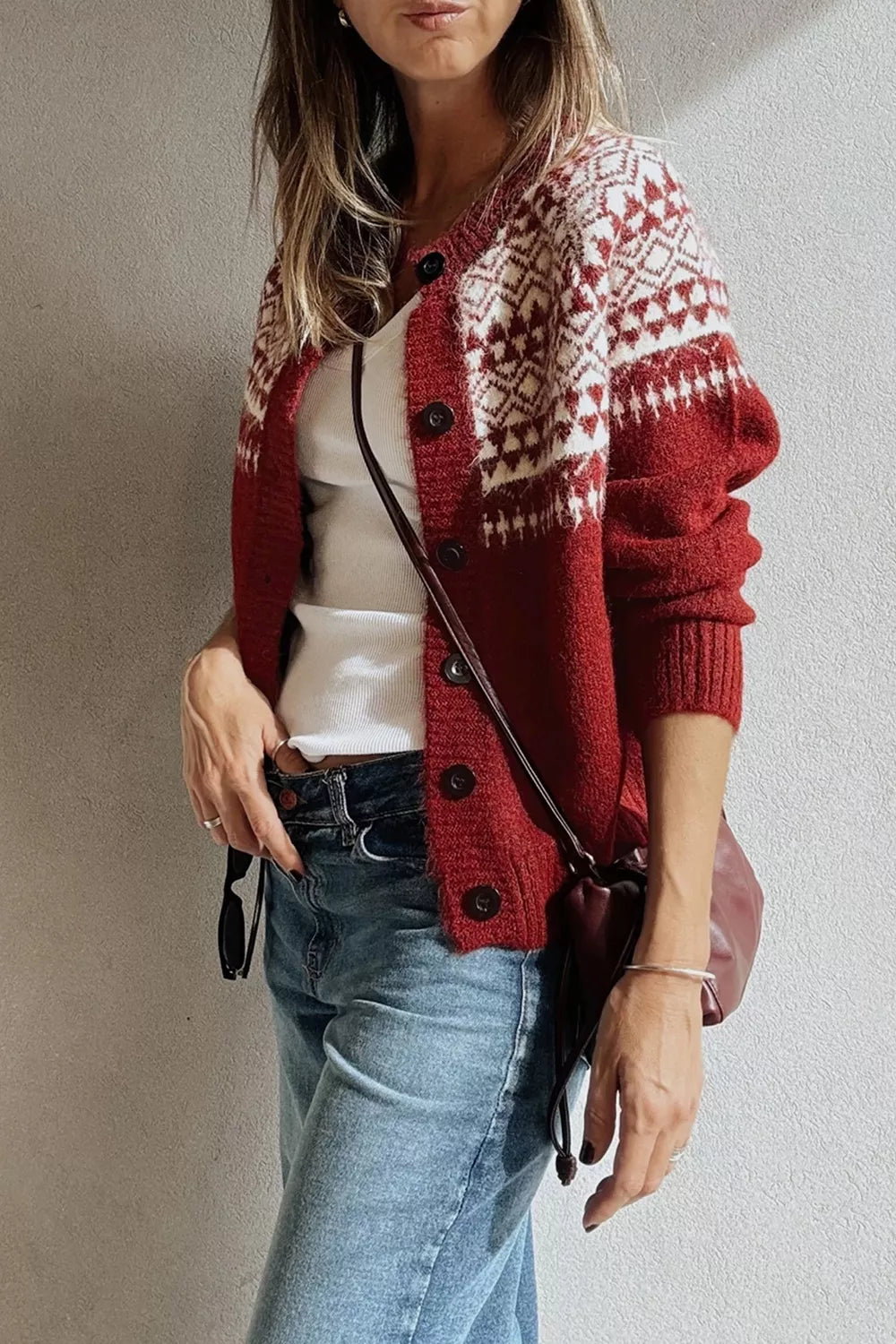 Fair isle geometric knit button-front cardigan
