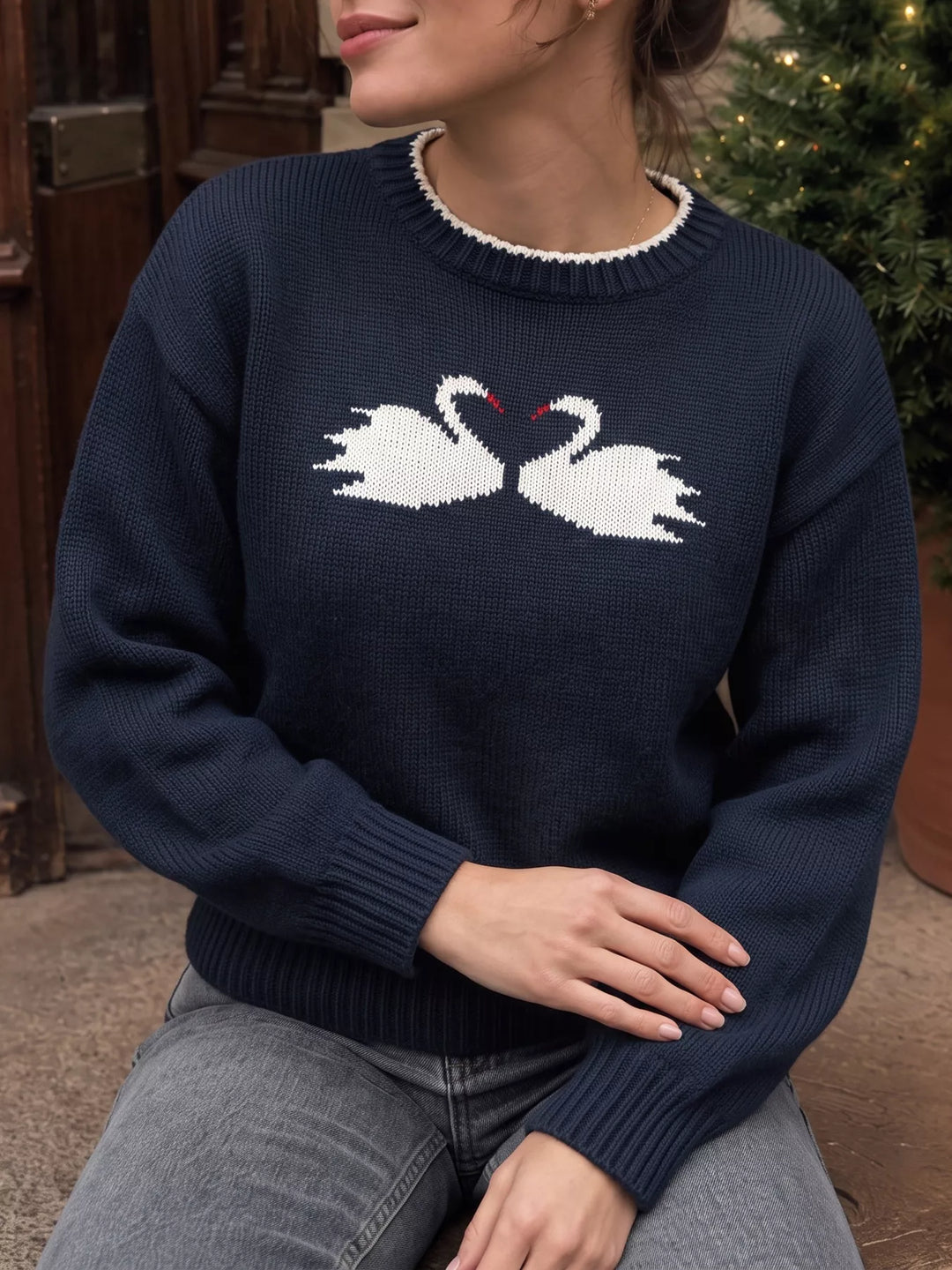 Swan intarsia drop-shoulder knit sweater with contrast trim