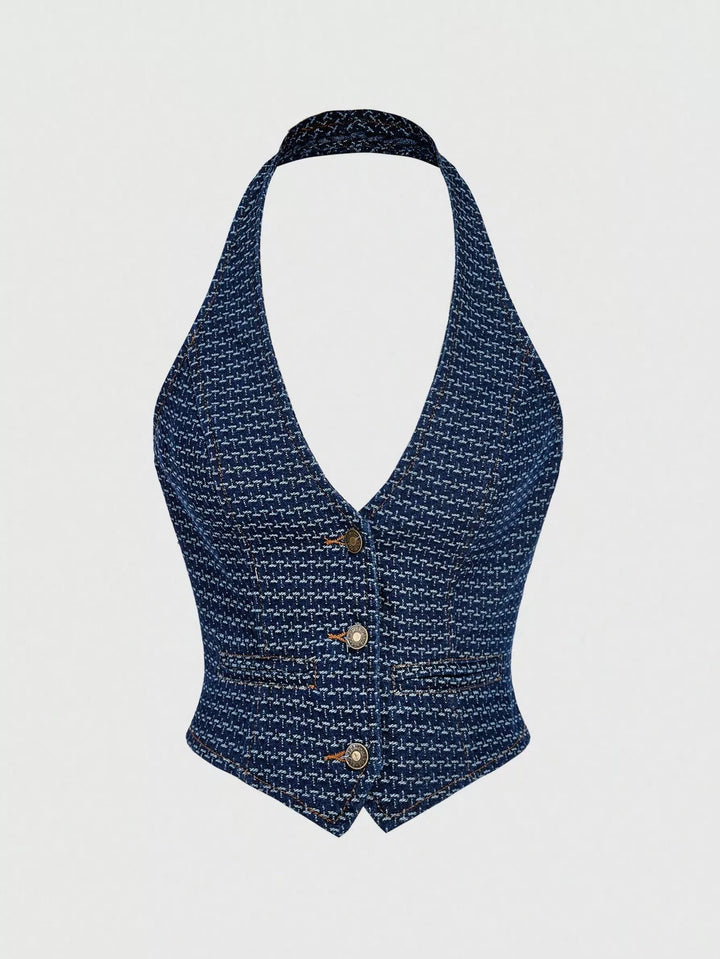 Halter denim vest and wide-leg jeans two-piece set