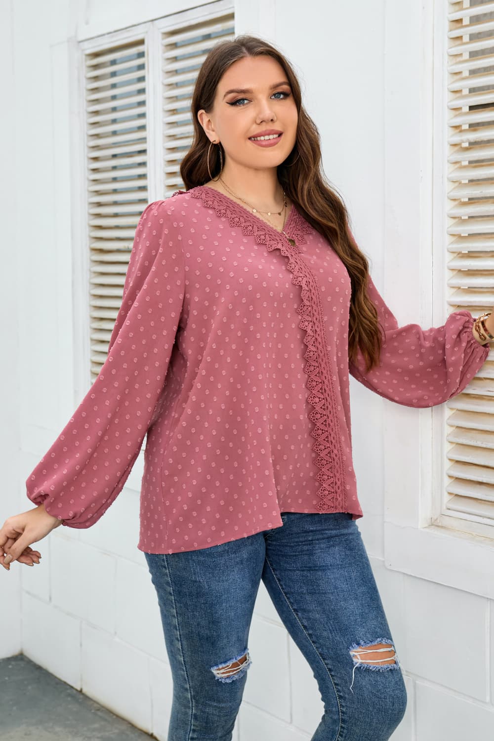 Lace trim V-neck Swiss dot balloon sleeve blouse