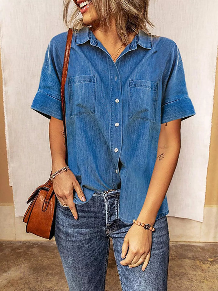 Relaxed short sleeve denim button-down with chest pockets