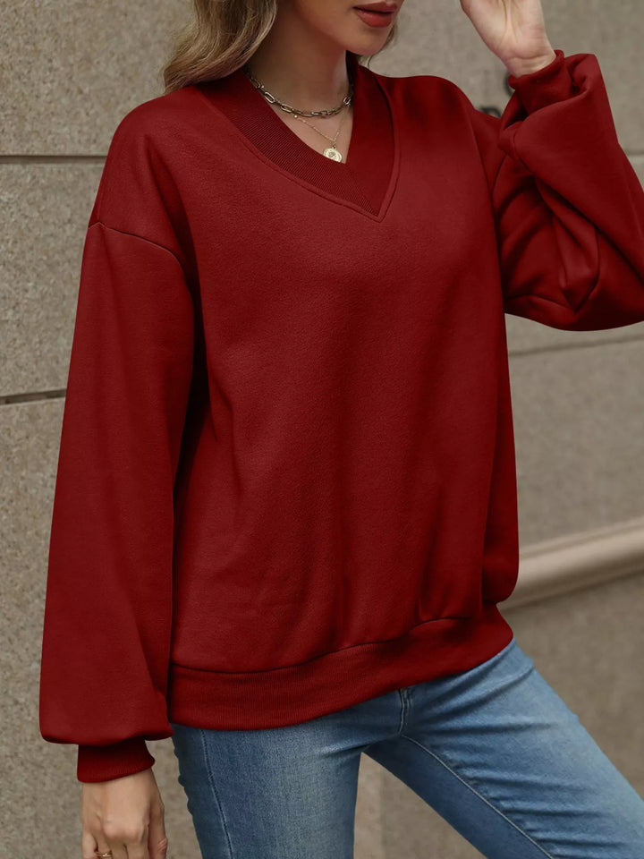 V-neck drop-shoulder pullover sweatshirt with ribbed trim