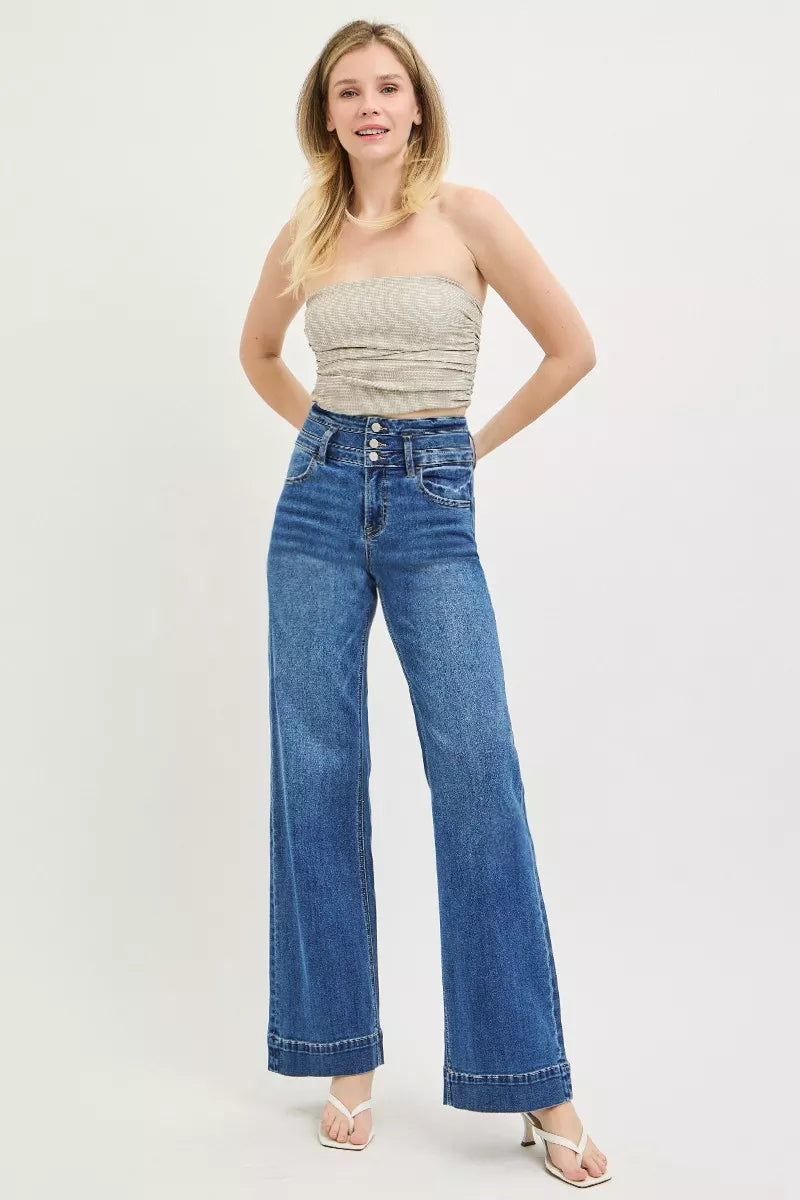High-rise wide-leg jeans with stacked button front