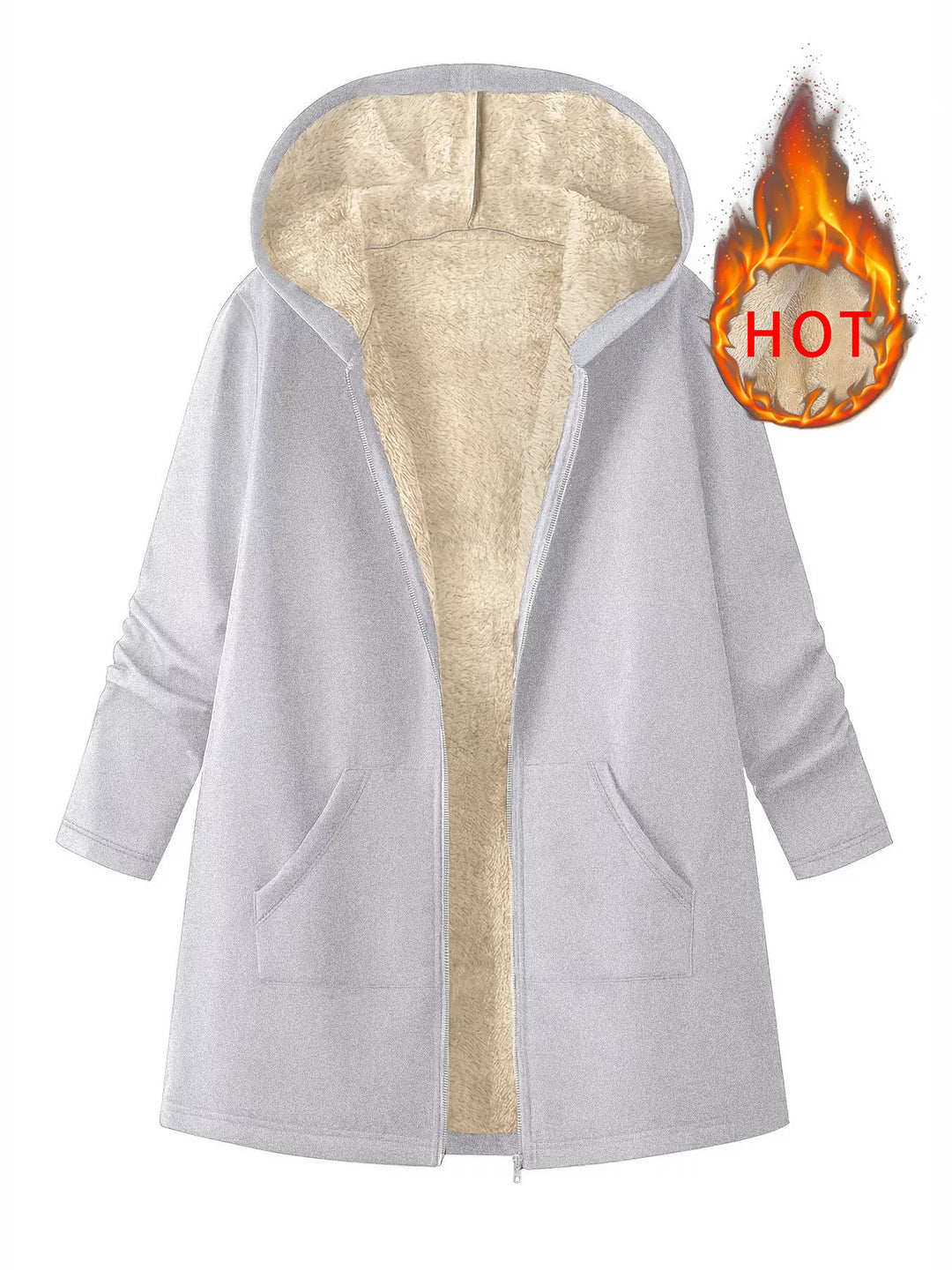 Light Gray Sherpa-lined hooded zip longline jacket with pockets