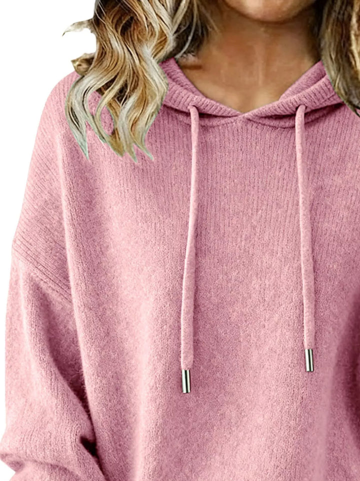 Drawstring hooded knit pullover sweater with ribbed cuffs