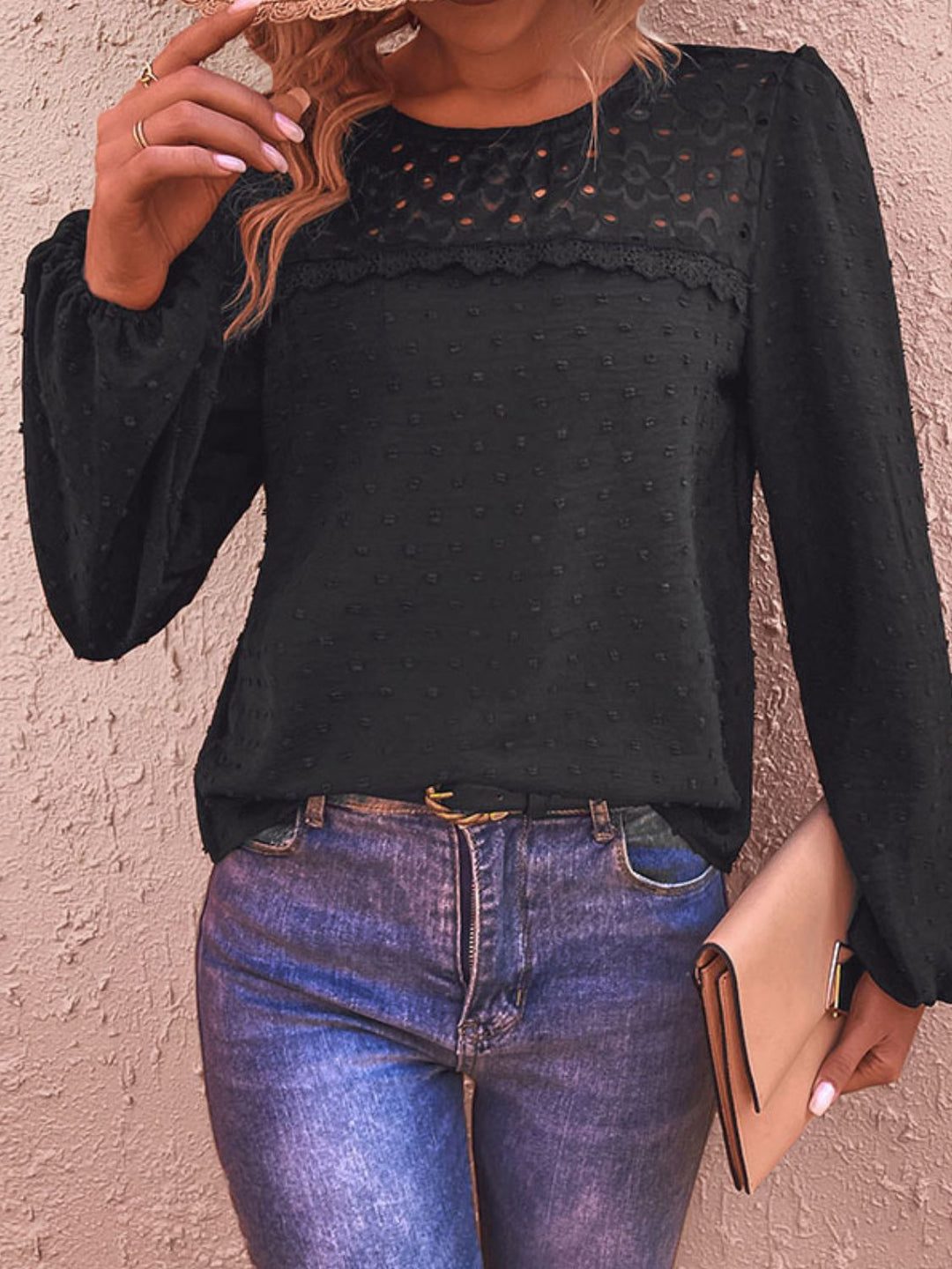 Swiss dot balloon sleeve blouse with lace trim yoke