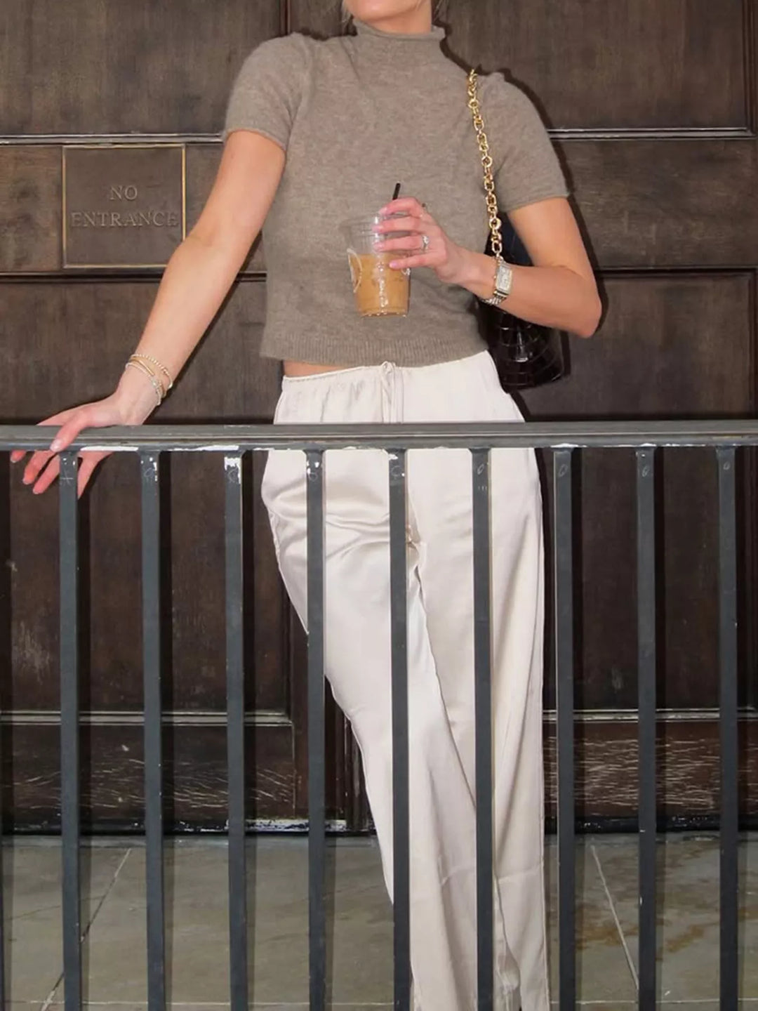 Mock neck short sleeve fitted knit sweater top
