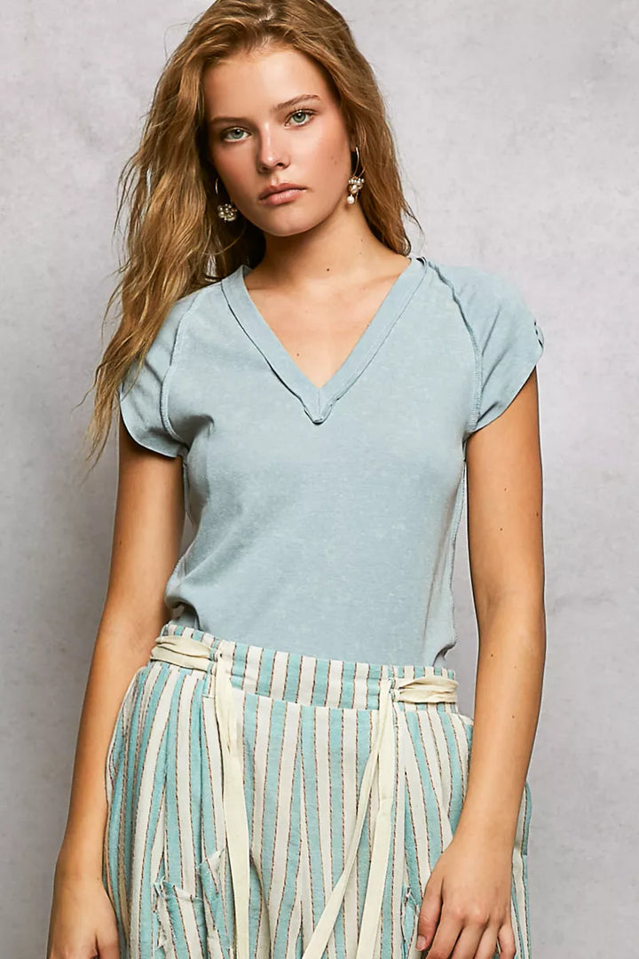 Washed V-neck short sleeve tee with exposed seams